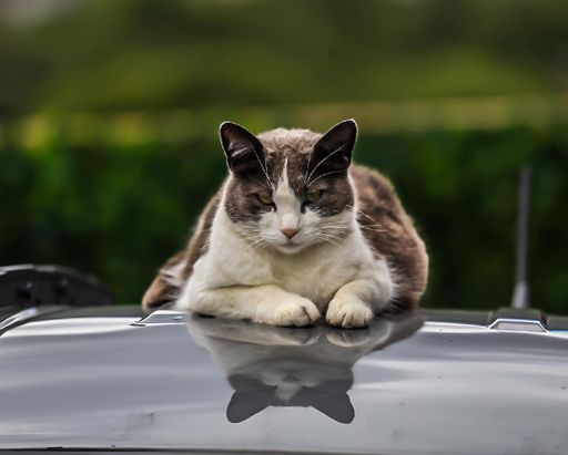 A relaxed cat lying on top of a car with a blurred green background