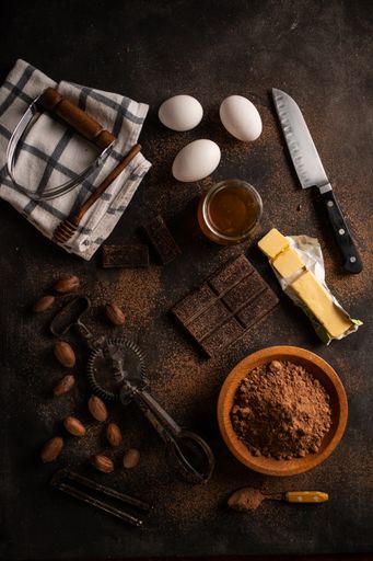 A top view shot of kitchenware and ingredients
