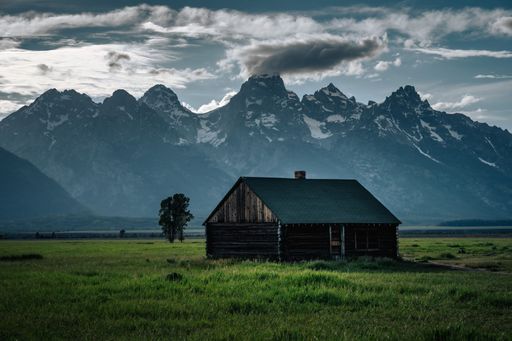 A scenic view of Mormon Row house in Grand Teton National Park
