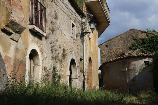 Abandoned buildings with overgrown vegetation in a rural area under a cloudy sky