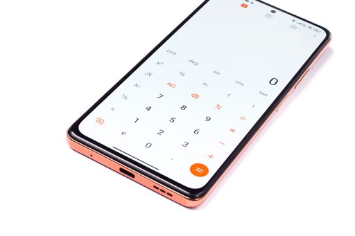 A smartphone displaying the calculator app isolated on a white background