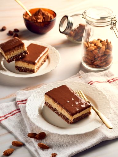 A Close-up of a homemade vegan bounty bar on a white plate with almonds and cocoa powder in the background.