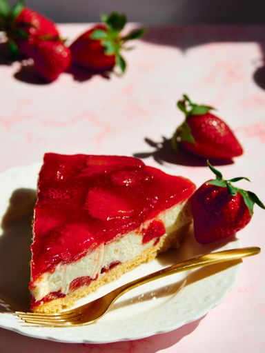 A slice of strawberry cheesecake on a white plate with a golden fork and fresh strawberries on a pink background