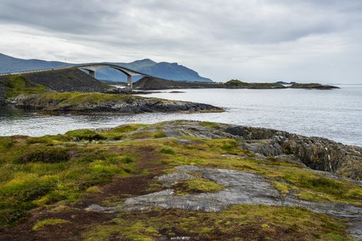 A view of the Atlantic Road and the iconic Storseisundet Bridge in More og Romsdal, Norway
