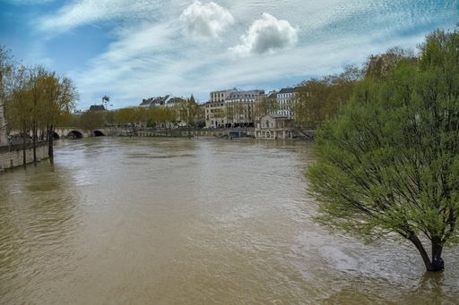 A scenic view of the Seine River in Paris with buildings and a bridge under a partly cloudy sky