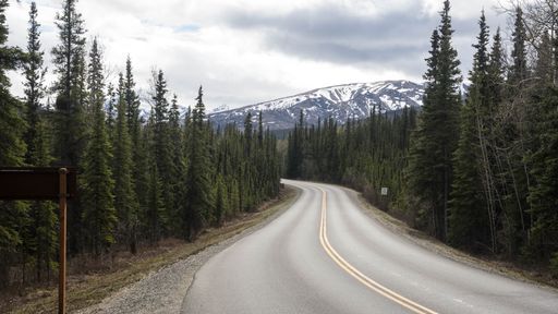 An empty winding highway through pine forest with snowy mountains in the background in winter