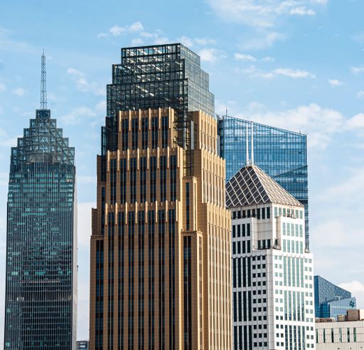 Under the blue sky, the magnificent skyscraper cluster in Wuhan Financial District has a modern exterior design. China