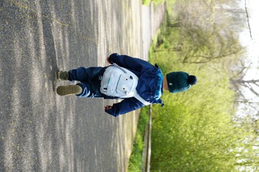A vertical shot of a cute small toddler wearing a backpack and walking on a road, away from the camera