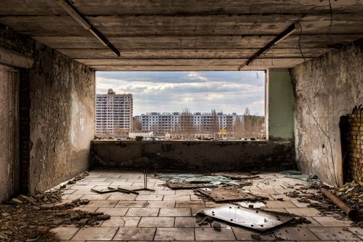 Landscape of Pripyat city taken from an abandoned hospital in Pripyat, Chernobyl