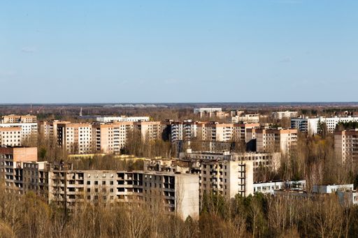 Landscape of the abandoned Pripyat city shot from a rooftop in Chernobyl