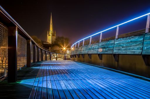 Norwich Cathedral, Shot At Night with a Long Exposure from the Jarrold Foot Bridge in Norwich, Norfolk, England. Shot in 2015.