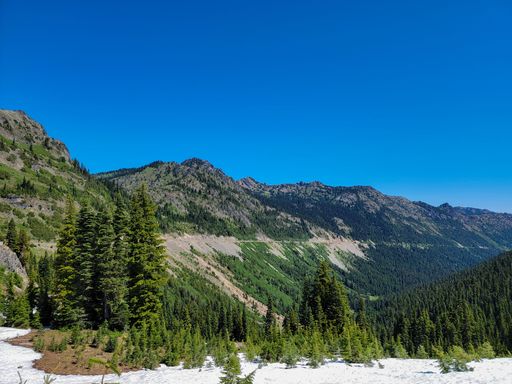 A mountainous landscape with trees under a blue sky on a sunny day near Tipsoo Lake in Mount Rainier National Park, Washington, USA