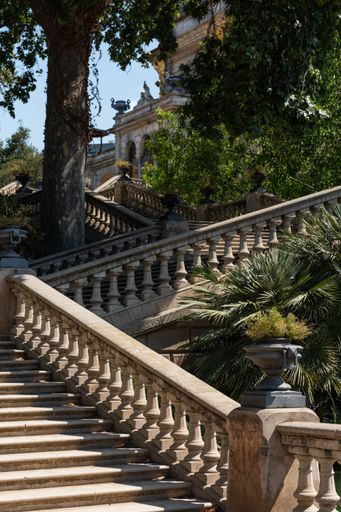 A vertical shot of a wide staircase in a park with beautiful scenery of big trees under sunlight