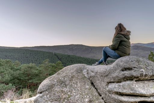 A person sitting on a rock overlooking a forest and mountain range during sunset