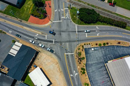 An aerial shot of the traffic intersection