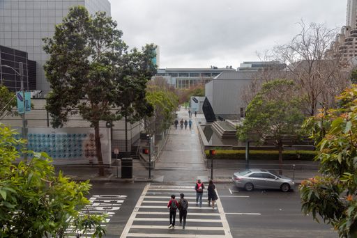 from San Francisco MOMA looking over 3rd Street to park to Yerba Buena centre for the arts. cloudy winter day