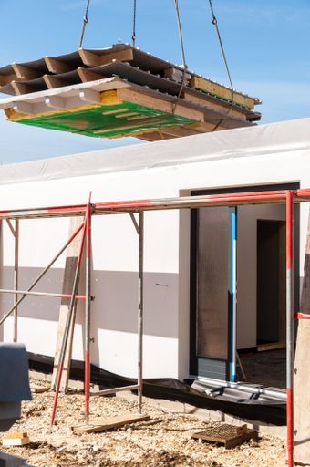 A construction site of a prefabricated house building in Germany