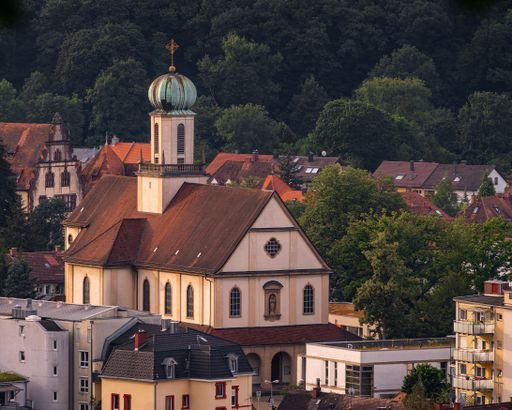 A scenic view of a historic church and surrounding buildings in Freiburg im Breisgau, Germany