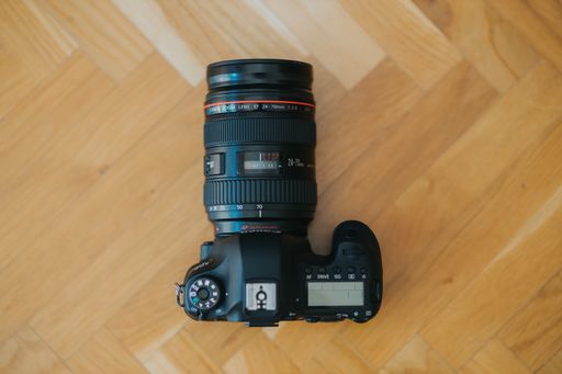 A closeup of Canon EOS 6D camera with Canon EF 24-70mm f2.8 L lens.
