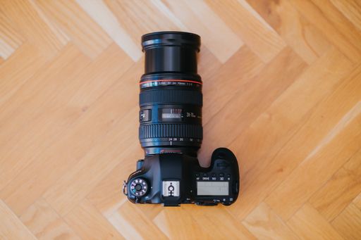 A closeup of Canon EOS 6D camera with Canon EF 24-70mm f2.8 L lens.