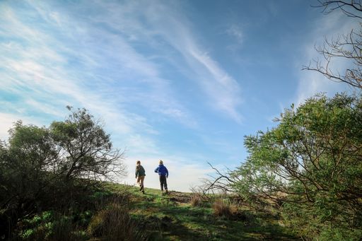 A low angle shot of two travelers walking up the beautiful skyline in the background