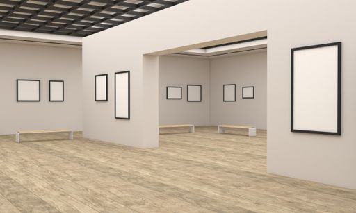 A 3D rendering of an art gallery with empty frames for your images/text/art