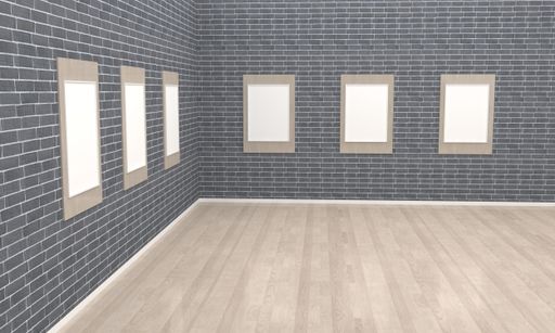A 3D rendering of an art gallery with empty frames for your images/text/art
