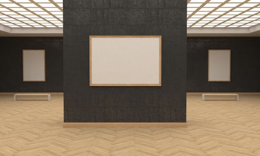 A 3D rendering of an art gallery with empty frames for your images/text/art