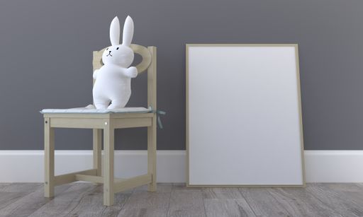 A 3D rendering of an empty frame surrounded by toys