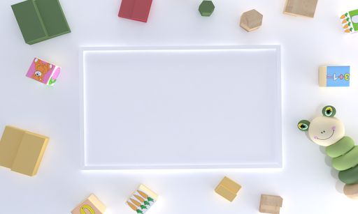A 3D rendering of an empty frame surrounded by toys