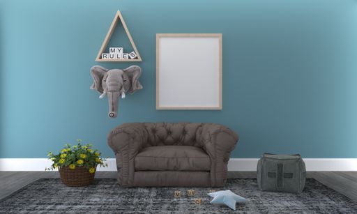 A 3D rendering of an empty frame in a minimalist room