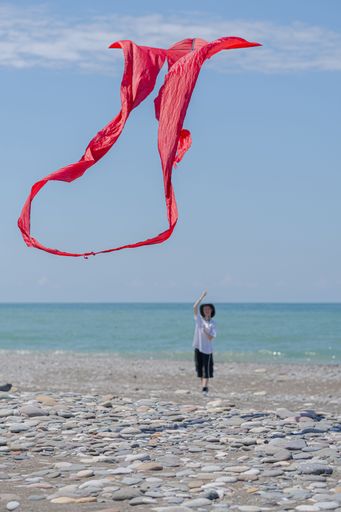 A person flying a red kite on a pebble beach with a blue sea and clear sky in the background