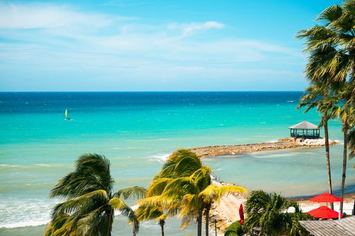The stunning Montego Bay, Jamaica, Caribbean Sea with palm trees against a blue sky