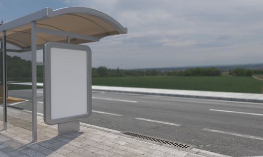 A 3D rendering of a bus stop with empty advertising boards for your images or text