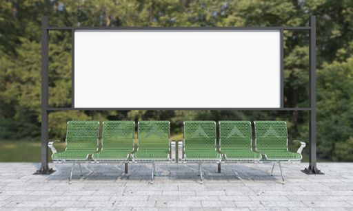 A 3D rendering of a bus stop with empty advertising boards for your images or text