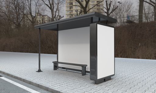A 3D rendering of a bus stop with empty advertising boards for your images or text