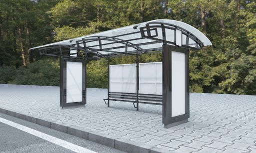 A 3D rendering of a bus stop with empty advertising boards for your images or text
