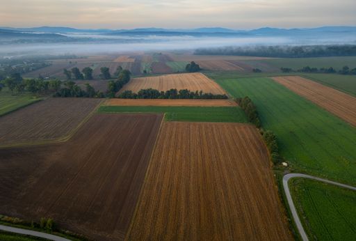 An aerial view of agricultural fields with a misty horizon and distant mountains