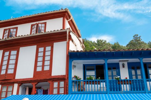An exterior view of beautiful town of Tazones houses on the coast of the Cantabrian Sea, Spain