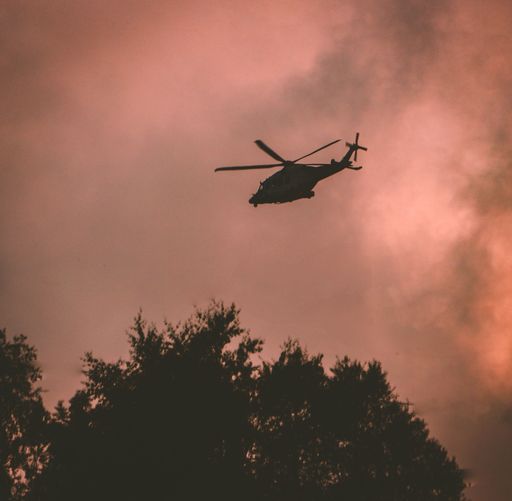 A silhouette of a helicopter flying over the forest and wildflowers against a dramatic sunset sky.