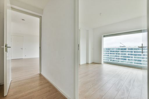 the empty white rooms with laminate flooring and french windows