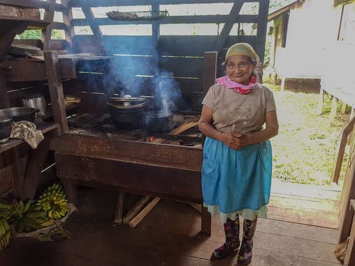 A Native American grandmother standing next to a cooking place and looking at the camera, smoke coming out of the cooking pan and banana on the floor