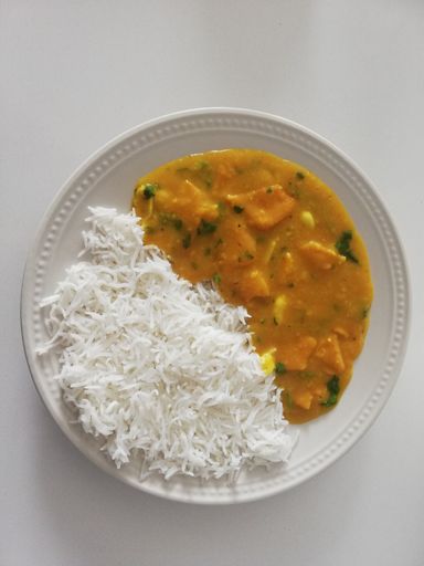 A high-angle view of a dinner plate consisting of rice on the left side and chicken with curry sauce on the right side.