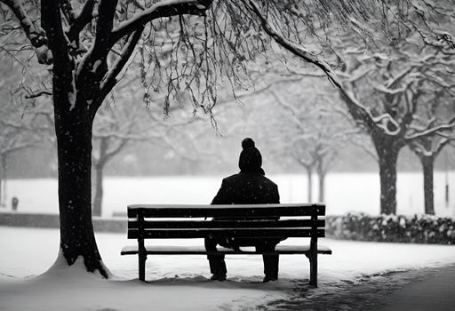A person sitting on a bench in a snowy park, surrounded by snow-covered trees, creating a peaceful winter scene.