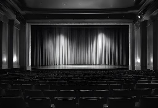 An empty theater with a spotlight on the stage curtain, showcasing a classical interior design.