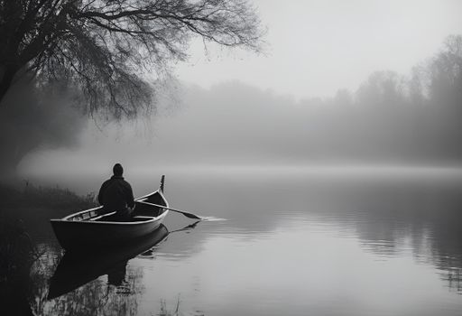 A solitary person in a boat on a misty lake, surrounded by trees and calm water, creating a serene and tranquil scene.