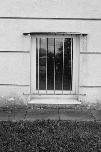 A vertical shot of a window with iron grills in black and white
