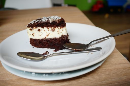 A slice of a chocolate cake on a white plate