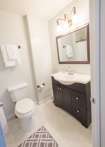 A vertical shot of a bathroom sink with liquid hand soap, mirror, and a toilet with a white towel hanging on a metal rack