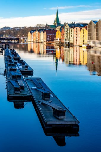 A beautiful view of the colorful houses near the Nidelva river in Trondheim Norway